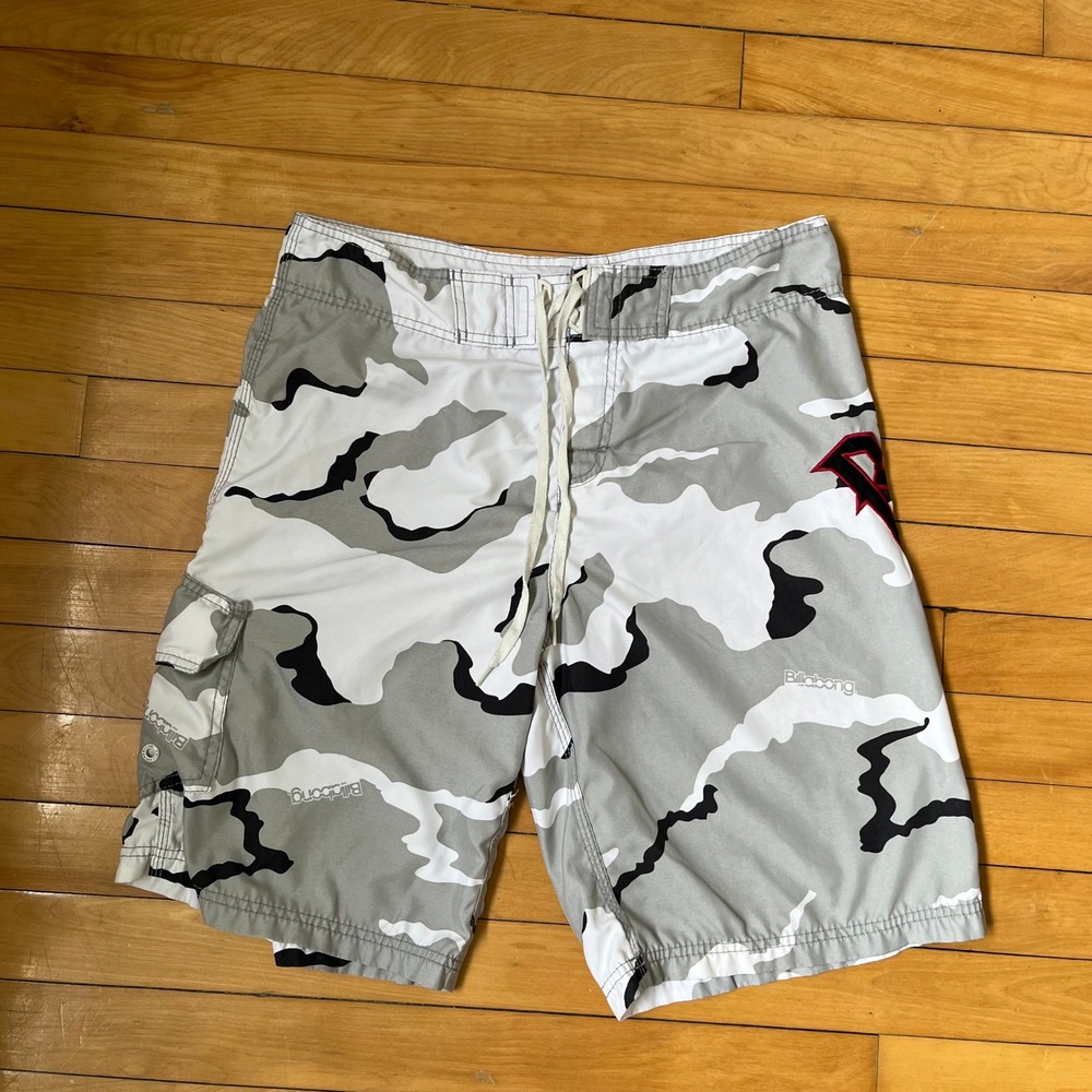 Billabong Supreme Board Shorts Mens 34 Grey White Camo Embroidered Logo Y2K Surf